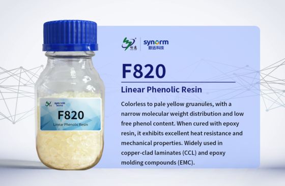 F820 Linear Phenolic Resin (Novolac), रंगहीन से पीले पीले रंग के दानेदार, संकीर्ण आणविक भार वितरण और मुक्त फेनोल और आयनिक अशुद्धियों के अति निम्न स्तर
